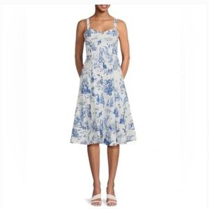 Avec Les Filles Blue White Cotton Toile Mermaid Ship Sea Creatures Midi Dresss S